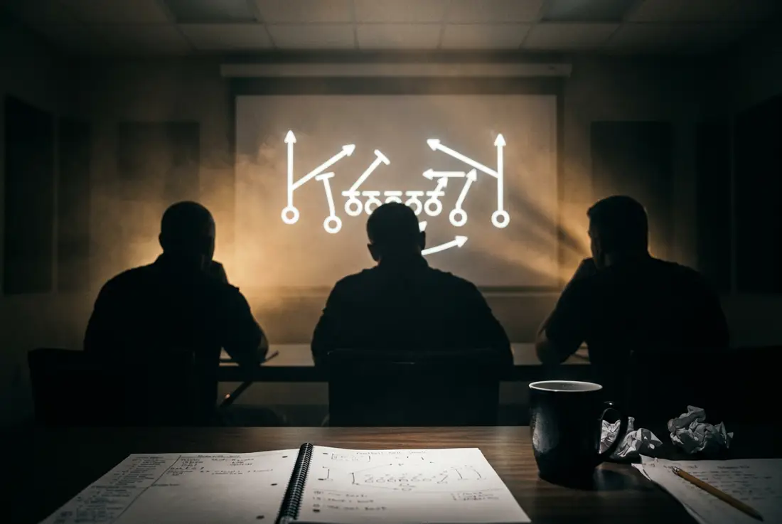 Three coaches watching a projected play diagram in a dark film room before sunrise